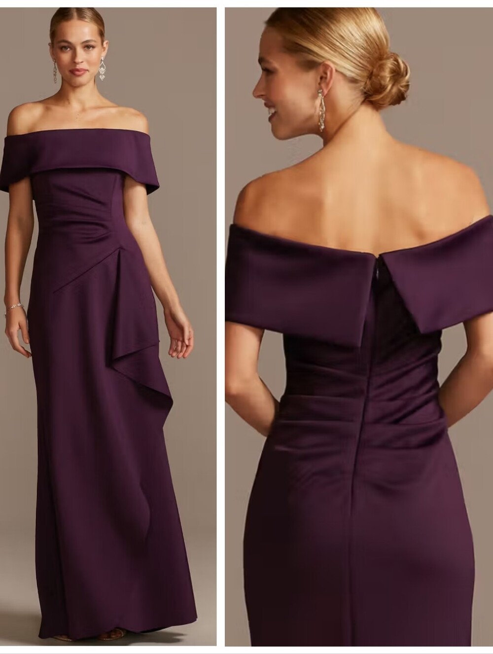 NWT Xscape Off-the-Shoulder Scuba Side-Ruffle Gown Plum Purple Womens 4P Formal